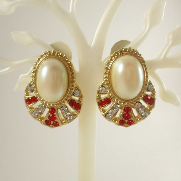 80s Glam VTG Clip On Rhinestone Red Gold Earrings - Picture 1 of 6